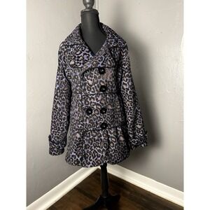 BKE Purple women's Leopard Print Pea Coat With Bubble Hem Size M Fits Like A S